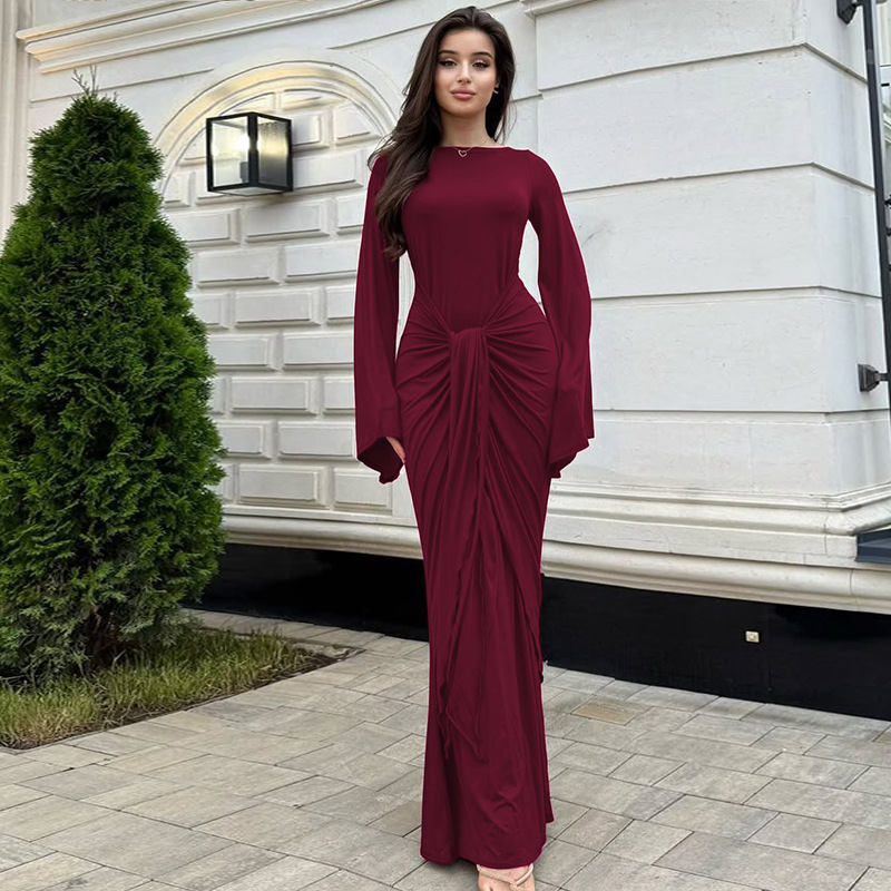 欧美热销女装2025秋季新品时尚气质褶皱收腰系带长袖连衣裙女批发|undefined