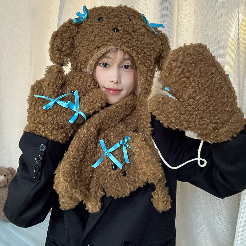 Lazy Holiday~Shop/Teddy Hairy Cartoon Cute Gloves Hat Scarf 3-Piece Set for Autumn and Winter Warmth_voghion.com