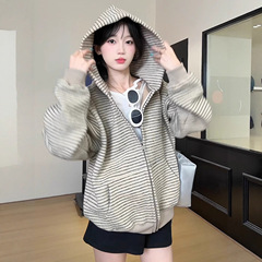 韩系条纹拉链开衫外套女2025新款秋季设计感小众宽松慵懒风卫衣潮