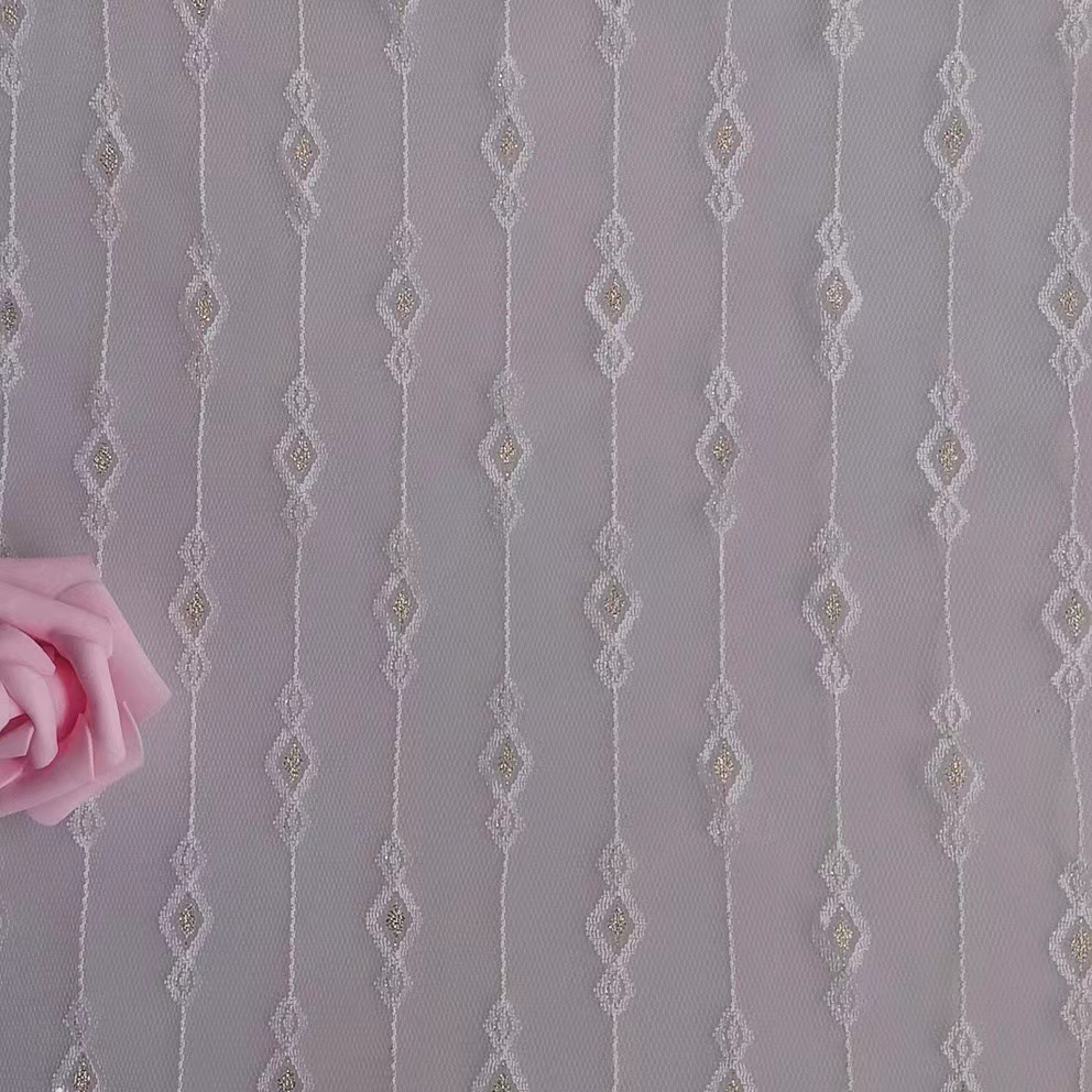 锦纶网布金丝大小菱形蕾丝无弹竖条串串提花童装连衣裙布料辅料