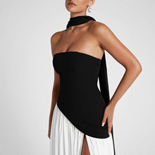 跨境夏季新款欧美女装黑白撞色围脖气质性感露肩开叉连衣裙批发