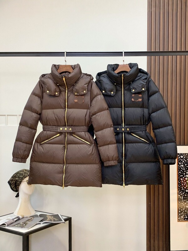 celi家新款冬季收腰修身羽绒服女连帽咖色腰带外套气质通勤服装|undefined