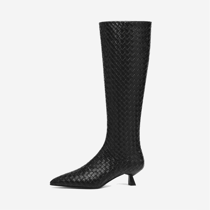 2026 New Autumn/Winter Woven High-Tube Long Boots for Women, Pointed Toe, Kitten Heel, Black, Slimming, Slip-On, Vintage Knee-High Boots 2026 New Autumn/Winter Woven High-Tube Long Boots for Women, Pointed Toe, Kitten Heel, Black, Slimming, Slip-On, Vintage Knee-High Boots