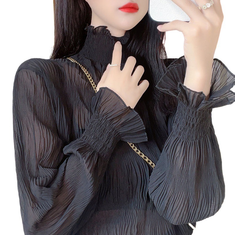 高领雪纺打底衫女秋冬2025新款洋气百褶蕾丝衫女上衣毛衣内搭纱衣|undefined