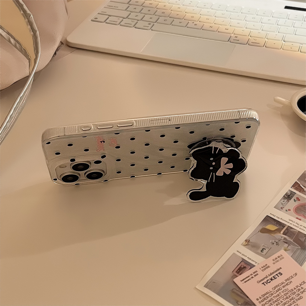 Funda para iPhone 16/15/14/11 estilo INS con estampado de lunares, diseño de gato y soporte, de hilo de plumas, rígida, compatible con Apple 17 Pro Max