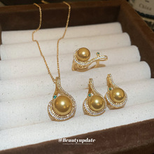 真金电镀锆石几何珍珠项链耳环戒指套装法式复古设计感锁骨链饰品