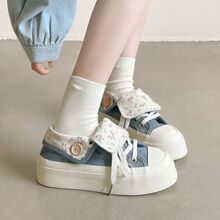碎花牛仔蓝厚底帆布小白鞋女2025夏季透气薄款ins学生百搭潮板鞋