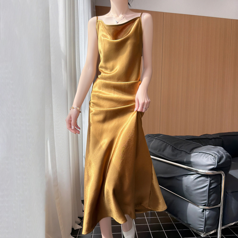 Summer New Style Silky Satin Swing Collar Sleeveless Suspender Dress Women's Slim Fit High-Waisted A-Line Long Dress Summer New Style Silky Satin Swing Collar Sleeveless Suspender Dress Women's Slim Fit High-Waisted A-Line Long Dress
