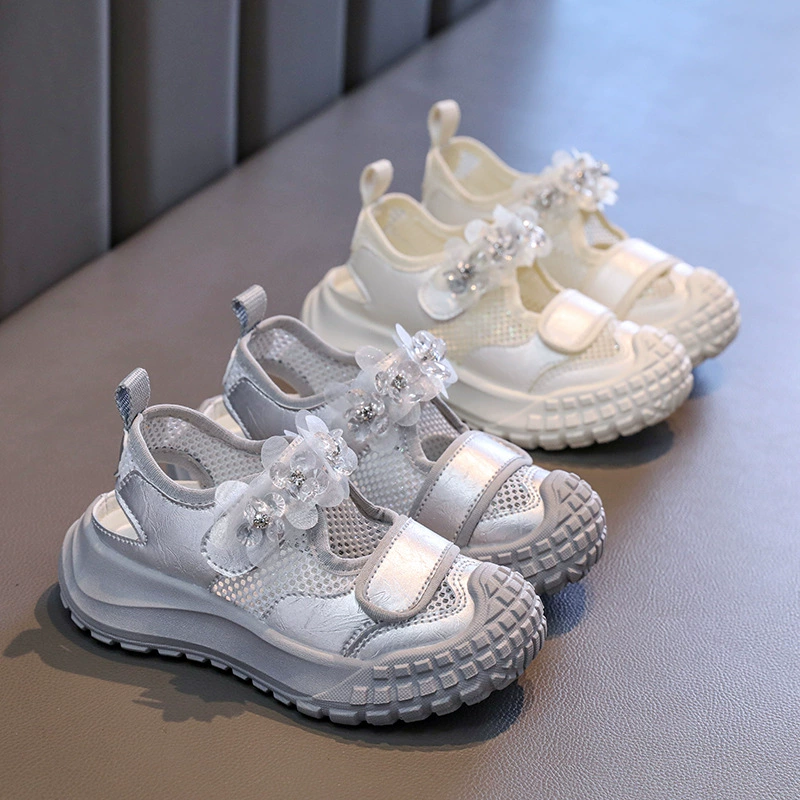 Спортивные сандалии для девочек, весна-лето 2025, новые детские туфли, девчачьи туфли-«папины», сетчатые повседневные туфли, туфли принцессы с цветами