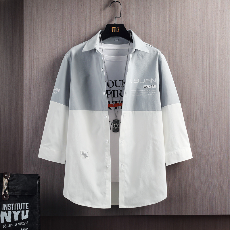 夏季新款时尚宽松方领衬衣男潮牌拼接撞色七分袖男衬衫夏休闲外套