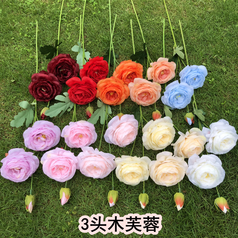 婚庆仿真花厂家 3头木芙蓉 茶花洋牡丹月季家居装饰婚庆娟花批发