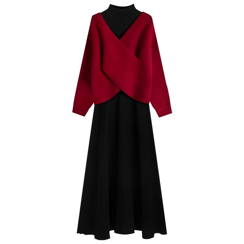 2024 겨울 새로운 패션 서양식 시대 감소 새해 분위기 레드 니트 스웨터 원피스 투피스 세트