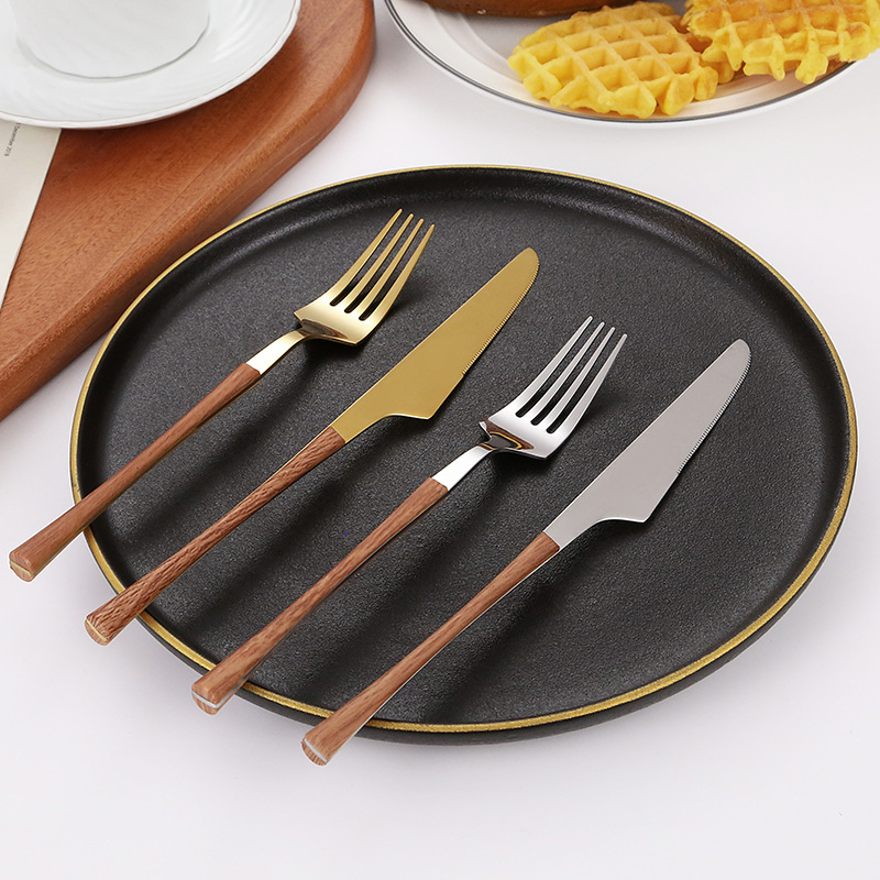 Creativo 430 imitación de acero inoxidable mango de madera cuchillo tenedor cuchara occidental carne cena cuchillo comida principal cuchara comida Internet celebridad vajilla postre cuchara