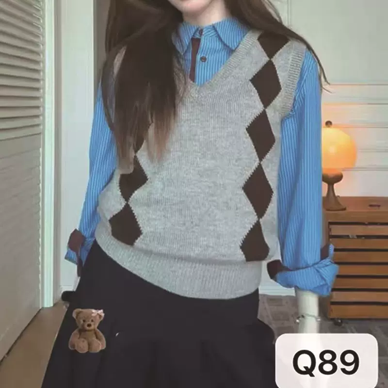 学院风复古菱格V领马甲女秋季新款百搭套头叠穿长袖针织衬衫上衣