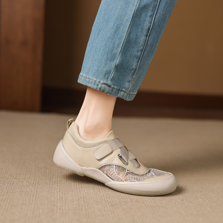 Giày sneaker nữ phối màu da thật lỗ thoáng khí đế bệt buộc dây kết hợp miếng dán — màu trắng ngà chi tiết 64