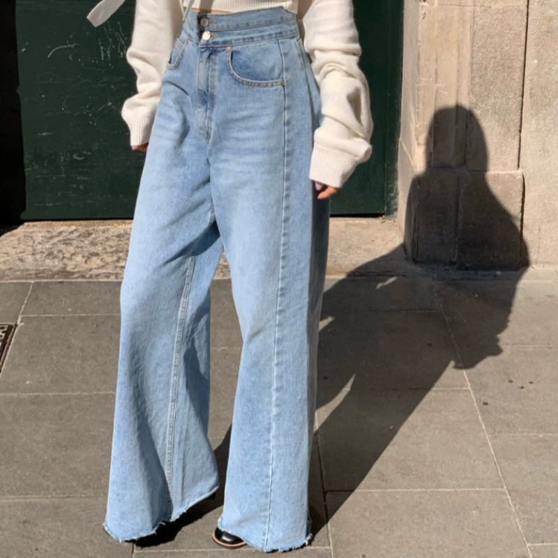 Корейские шикарные весенне-осенние узкие широкие прямые джинсы в корейском стиле с высокой талией и двумя пуговицами.