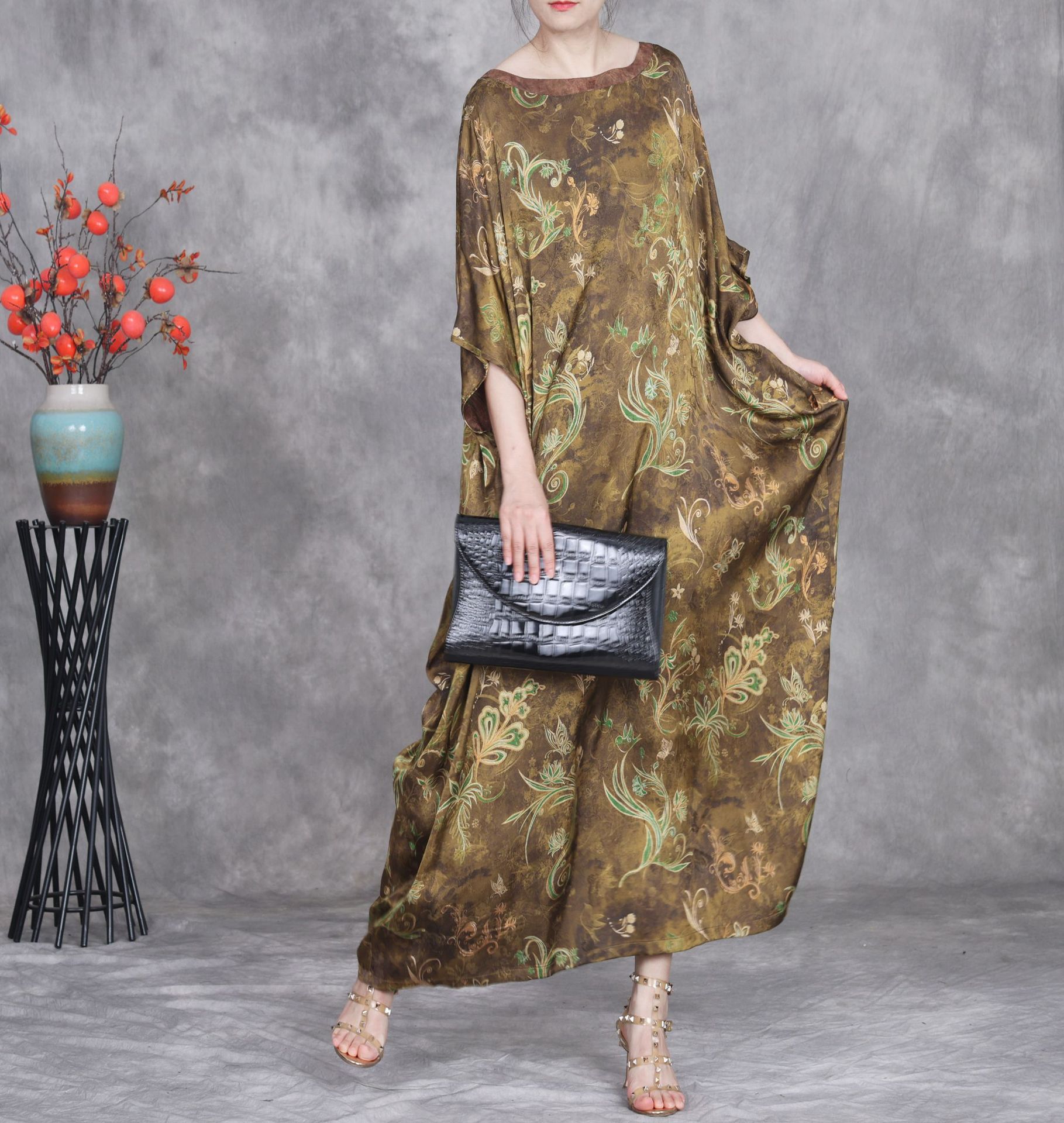 Silk Jacquard Dress Loose Large Size Long Dress Womens Crew Neck Maxi Robe Gown | eBay Silk Jacquard Dress Loose Large Size Long Dress Womens Crew Neck Maxi Robe Gown | eBay