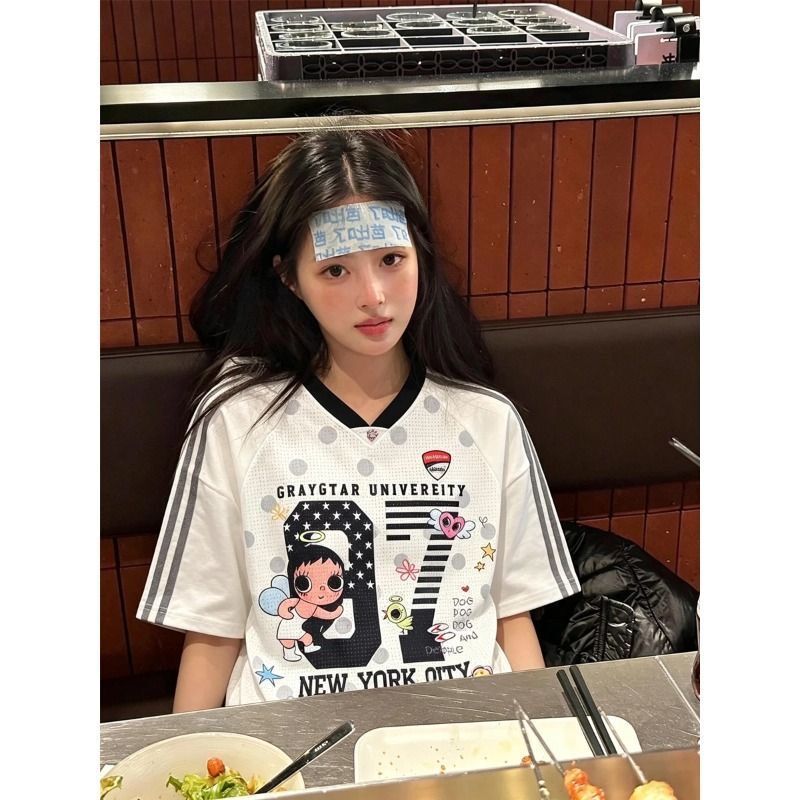 Japanese-Style Digital Anime Polka Dot V-Neck Short-Sleeve T-Shirt Sports Top for Women, Summer Mesh Breathable Casual Sports Half-Sleeve Top Japanese-Style Digital Anime Polka Dot V-Neck Short-Sleeve T-Shirt Sports Top for Women, Summer Mesh Breathable Casual Sports Half-Sleeve Top