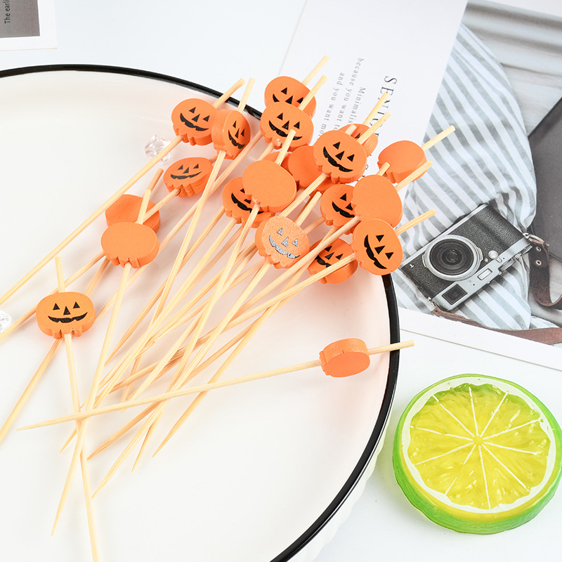 Halloween una vez horquilla de frutas palillos de dientes de dibujos animados calabaza snack stick stick de frutas string stick de bambú stick de bambú ecológico