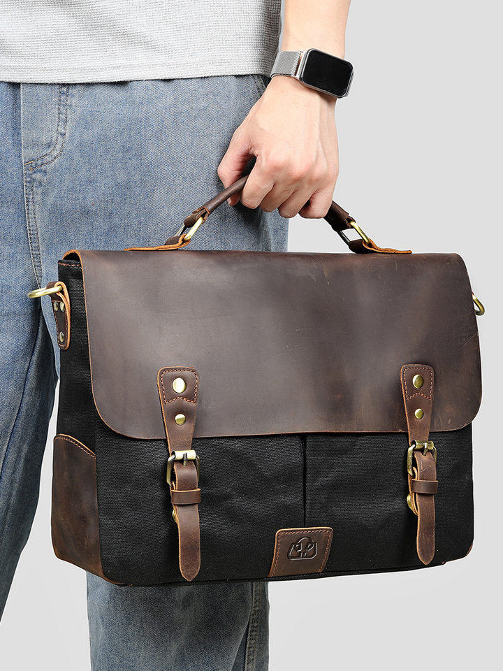 Cặp da thật vải canvas sáp dầu phối da ngựa điên, túi đựng laptop 14 inch đeo vai nam, túi đi làm kiểu Cambridge đơn giản — Màu nâu nhạt, Màu xám, Màu đen