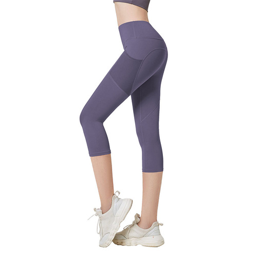 Side pocket three-quarter yoga pants for women, high-waisted gym peach butt lift fitness pants, sports tights