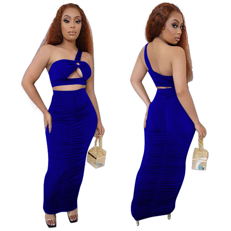 Solid Color Hollow Off-Shoulder Vest & Tight Skirt 2 Piece Set NSMYF99292