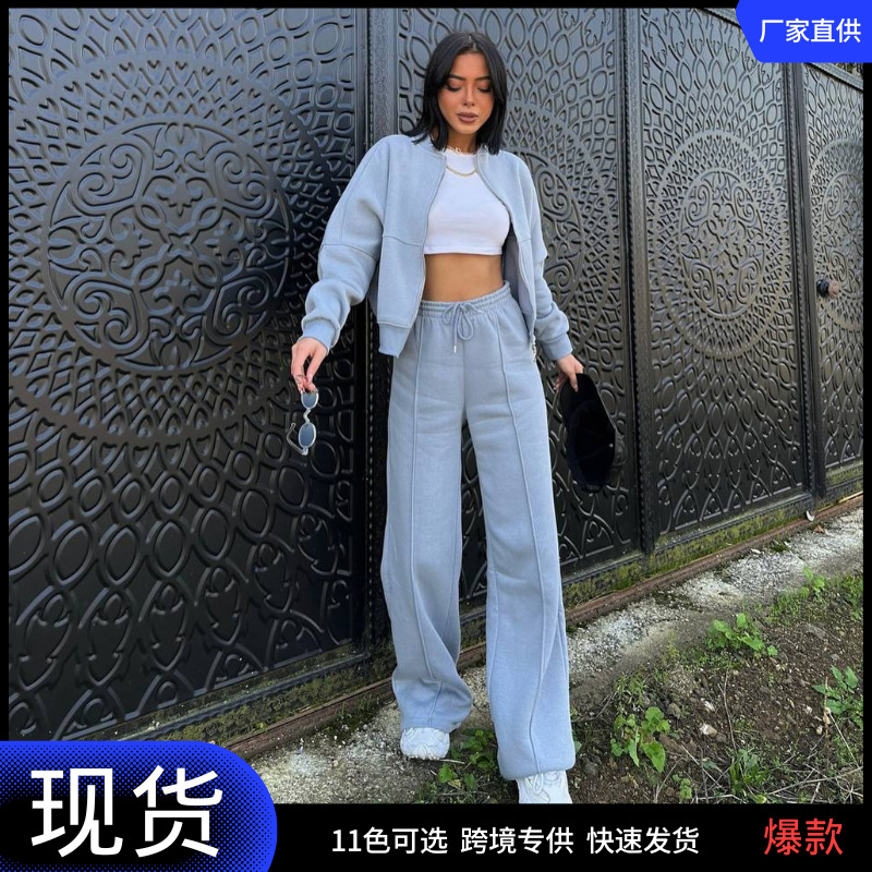 Cross-Border European and American Style Casual Suit Autumn and Winter Cardigan Sports Women's Fashion Zipper Long-Sleeved Jacket and Trousers Two-Piece Set
