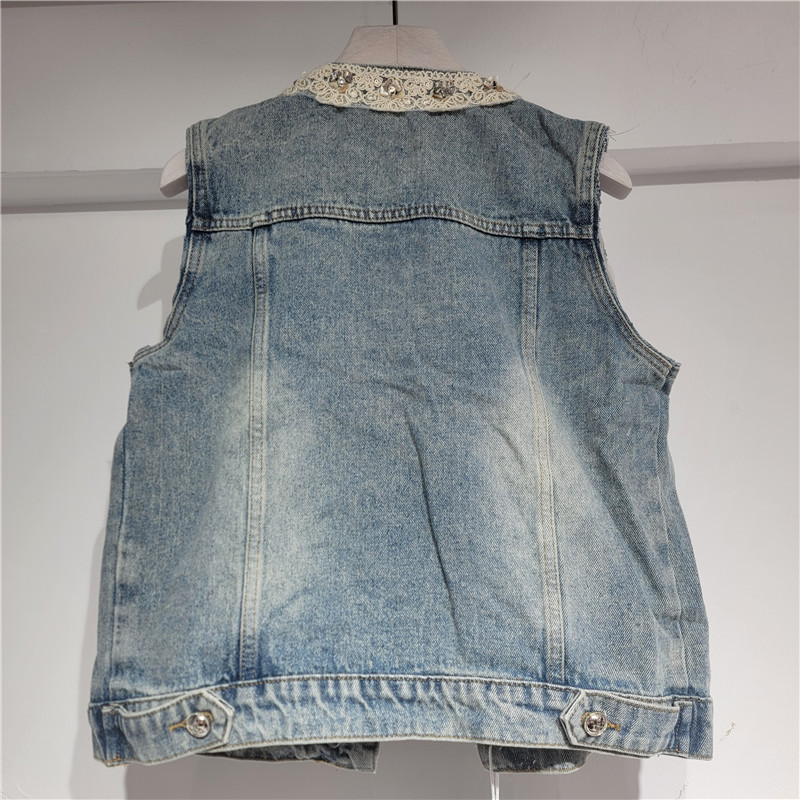 Hong Kong primavera nueva ropa de mujer retro encaje empalme de diamante cuello redondo chaqueta corta denim chaleco mujer