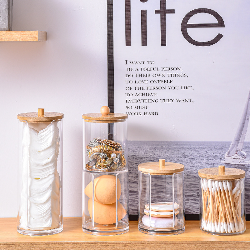 Caja de almacenamiento acrílica con tapa de bambú, organizador transparente para bastoncillos y cosméticos