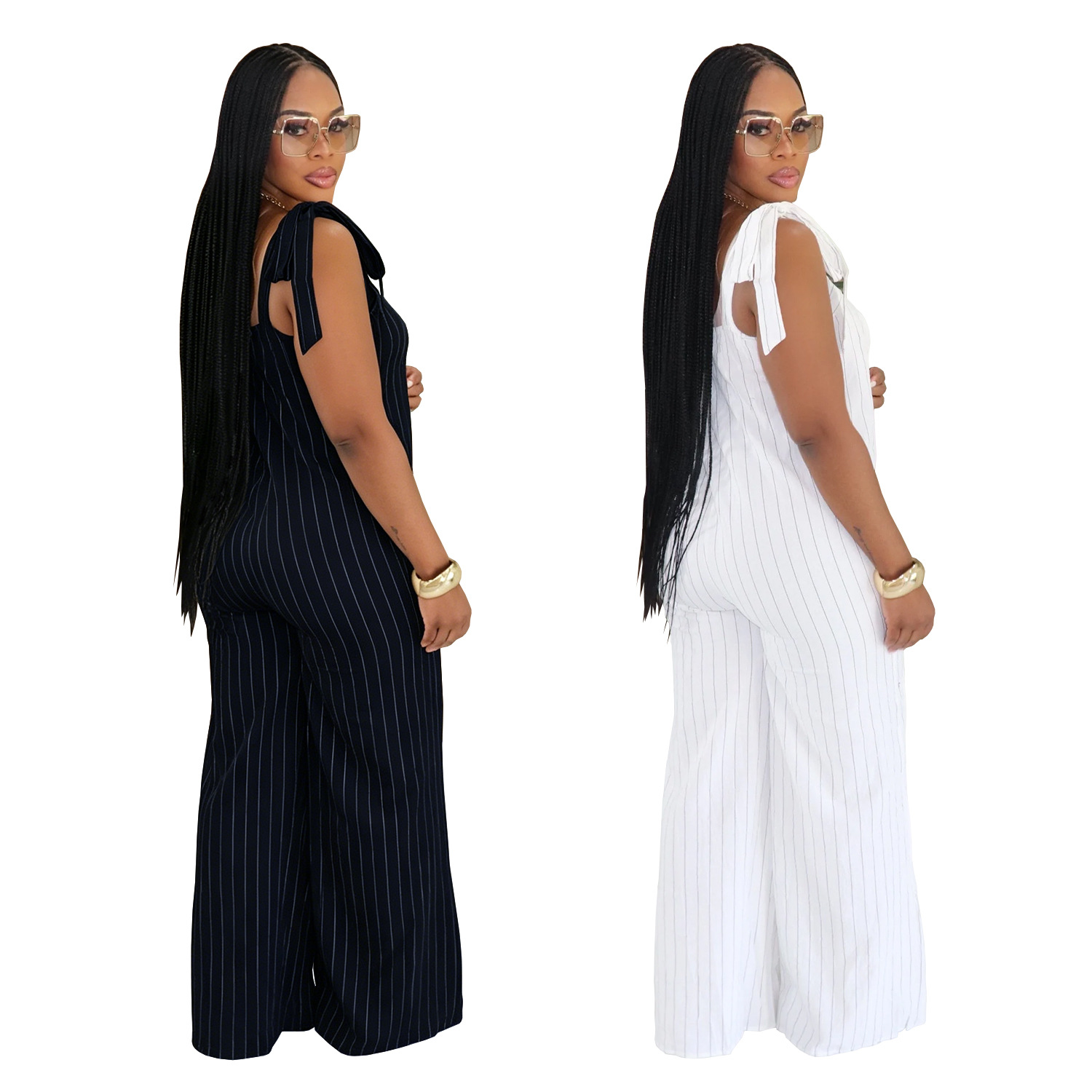 C7698 Cross-Border European And American Women's Casual Striped Strap Wide-Leg Fashion Jumpsuit_ecoleips.com