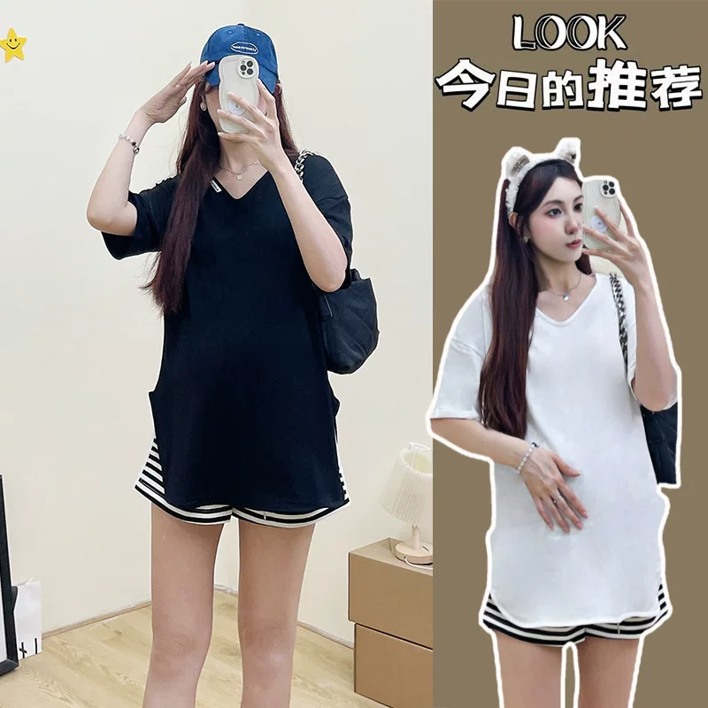 Сьюхю Мэй Summer fashionable long T-shirt for pregnant for leisure, Korean style, V-neckline, oversize, mid-length