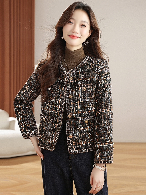 Áo khoác ngắn nữ phong cách Pháp cổ điển chất liệu tweed cao cấp — màu nâu