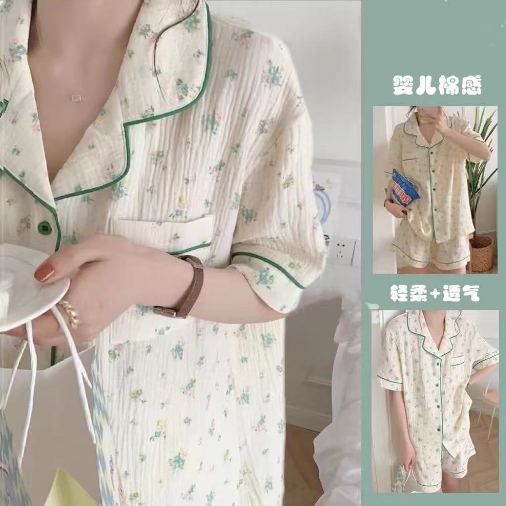 Niña linda solapa pijama de gasa mujer verano oso algodón y lino pantalones cortos de manga corta camisón traje de servicio a domicilio simple image 10