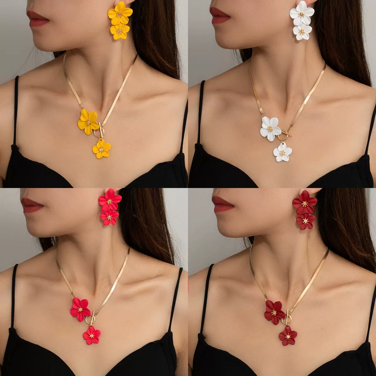 欧美跨境复古个性时尚五瓣花首饰套装金属风蛇骨链彩色小花耳饰