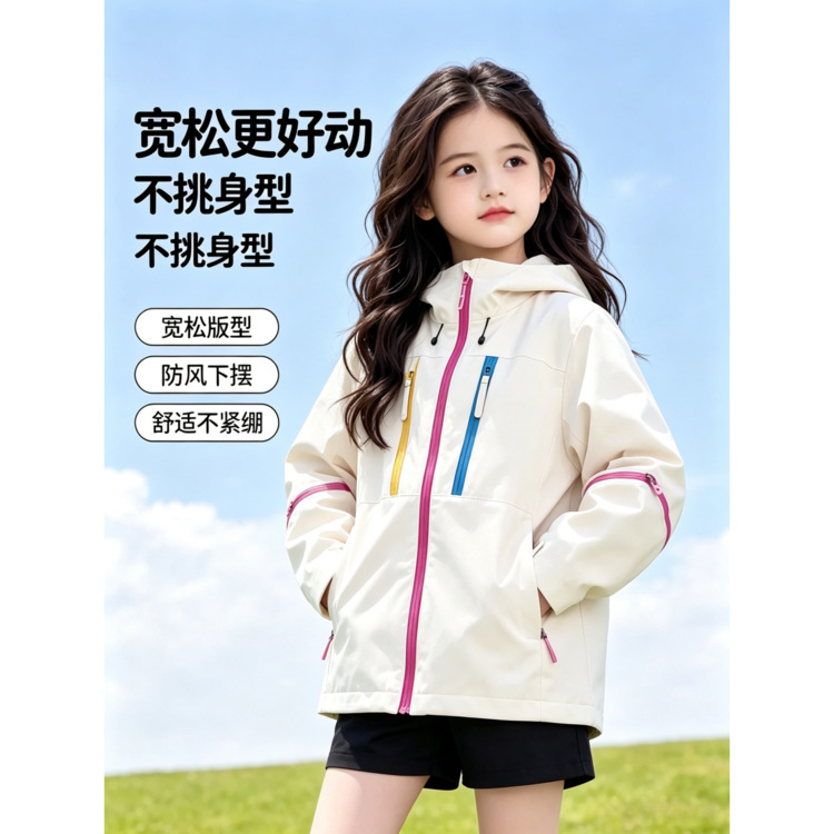Girls' Spring and Autumn 2026 New Hooded Windbreaker Jacket Fashionable Versatile Windproof Loose-fitting Jacket for Children and Girls