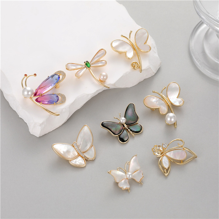 10g Weight Elegant Dragonfly Butterfly Copper Inlay Artificial Pearls Rhinestones Shell Women's Brooches