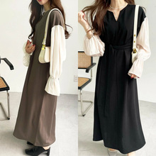 韩国日本乐天外单外贸秋冬热卖长袖假两件拼接连衣裙长裙子DRESS