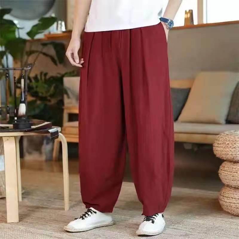 Pantalones deportivos de algodón y lino pantalones de verano de los hombres sueltos extra grandes pantalones de pierna ancha estilo chino cintura elástica tobillo-atado bloomers de práctica