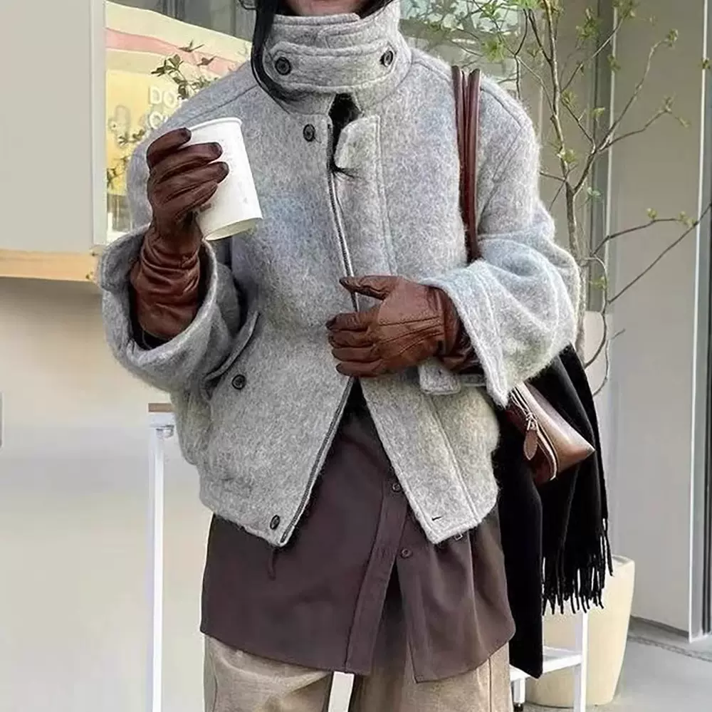 现货 lond*n立领短款夹棉毛呢外套女2024冬季新款高级感韩版棉衣
