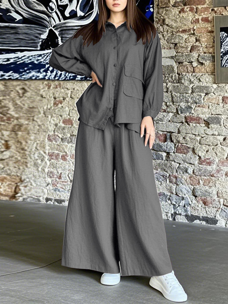 Ensemble chemise oversize en coton et pantalon large – Tenue minimaliste vintage euro-américaine (S-5XL, 7 couleurs, indispensable du bureau au week-end)_voghion.com