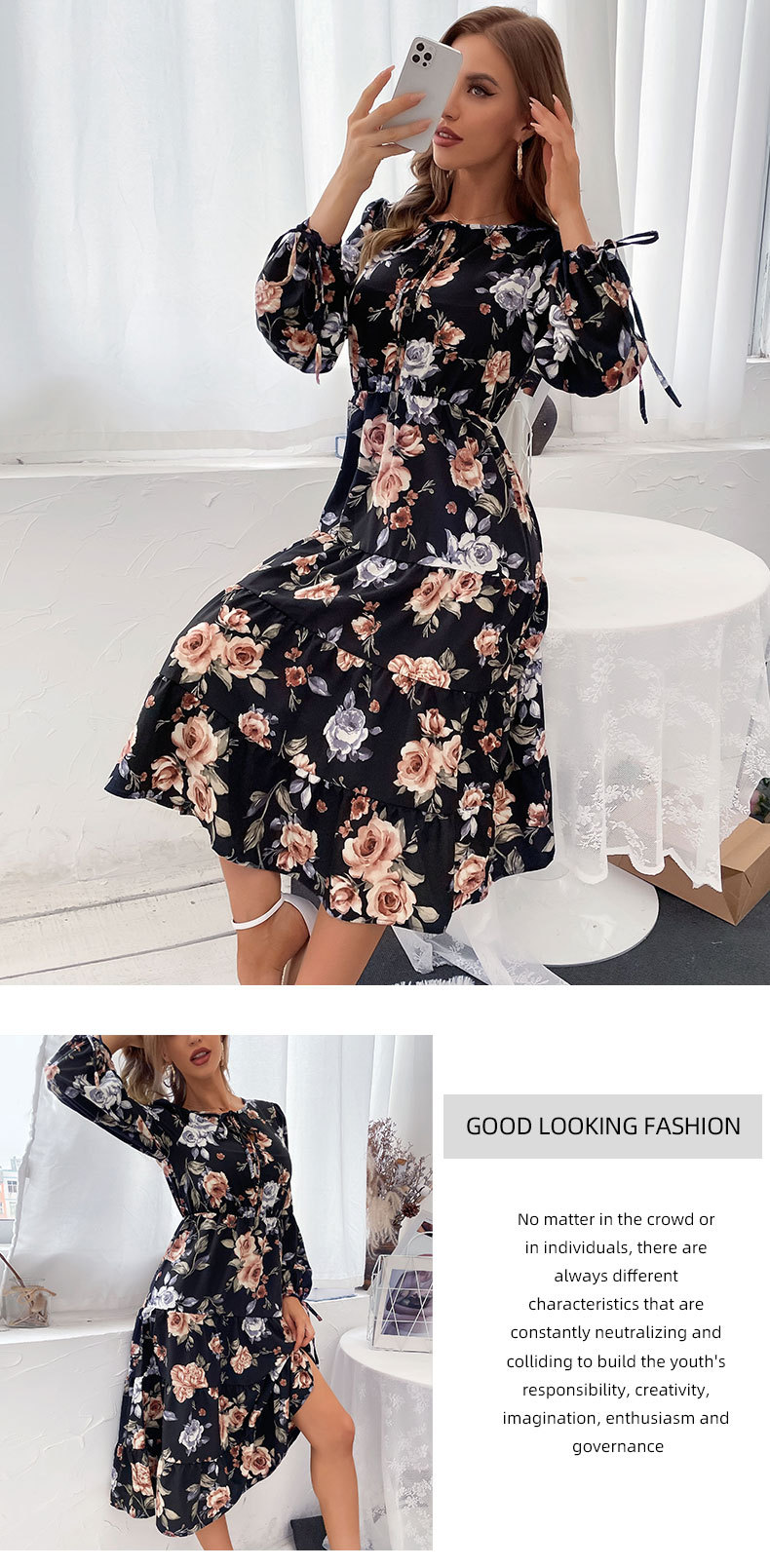 Long Sleeve Lace Up Floral Printed Dress NSDMB102890