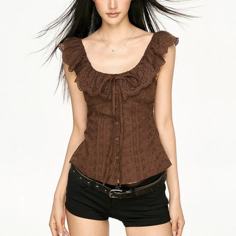Summer new BM spicy girl slim-fit waist-cinching European and American style French retro ruffle lace shirt vest top