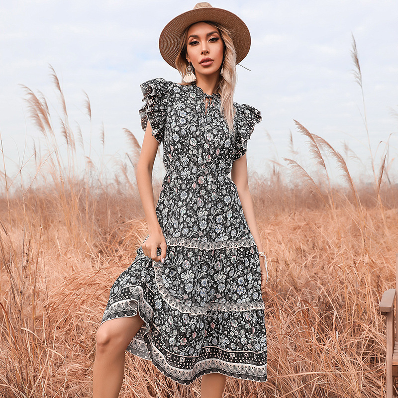 flower printed trumpet sleeves big swing dress  NSYMR52566