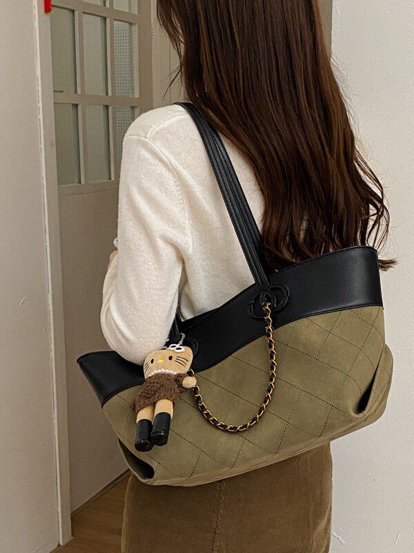 Túi tote nữ da PU cao cấp thiết kế tối giản dáng shopping bag dung lượng lớn đi làm — Màu vàng nâu không có mặt dây chuyền, Màu xanh lá cây không có mặt dây chuyền, Màu xám không có mặt dây chuyền, kaki không có mặt dây chuyền