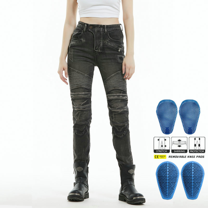 Pantalones de montar en motocicleta VOLERO Caballero femenino vintage apenado lavado motocicleta jeans resistentes a la caída de silicona equipo de protección