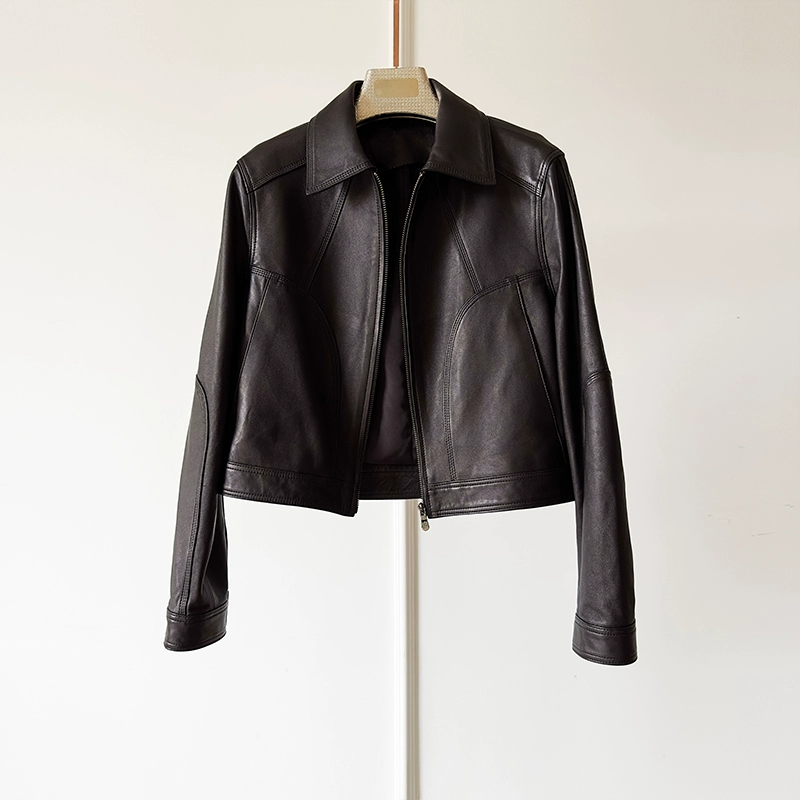 Женская кожаная куртка европейского genu ine leather короткая весна 2026 новая овчина Slim универсальная куртка с воротником лацканом