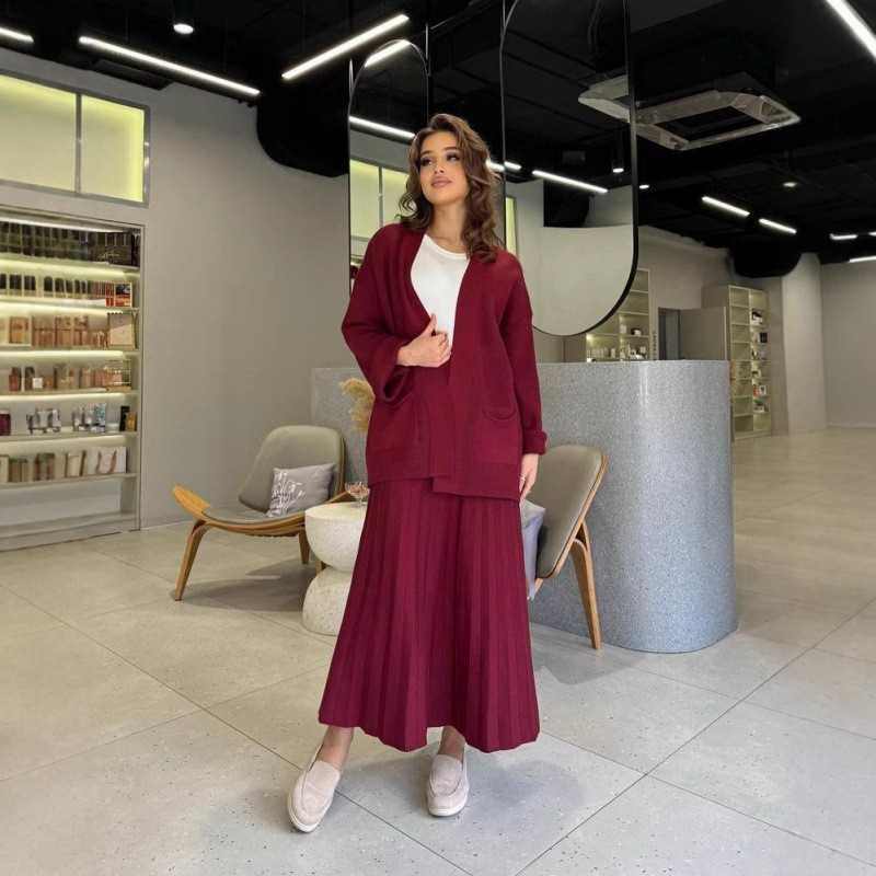 欧美跨境外贸2025春季宽松绑带口袋V领开衫外套舒适半身裙套装女|undefined