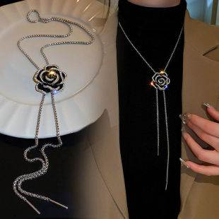 Light Luxury Rhinestone Camellia Oil Drop Adjustable Necklace Fashionable Sweet Cool Long Tassel Sweater Chain