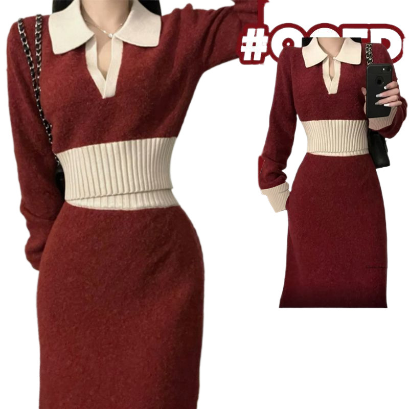 2024 년 초가을 분위기 빨간 니트 원피스 한국 드라마 하이 엔드 스웨터 스커트 투피스 세트