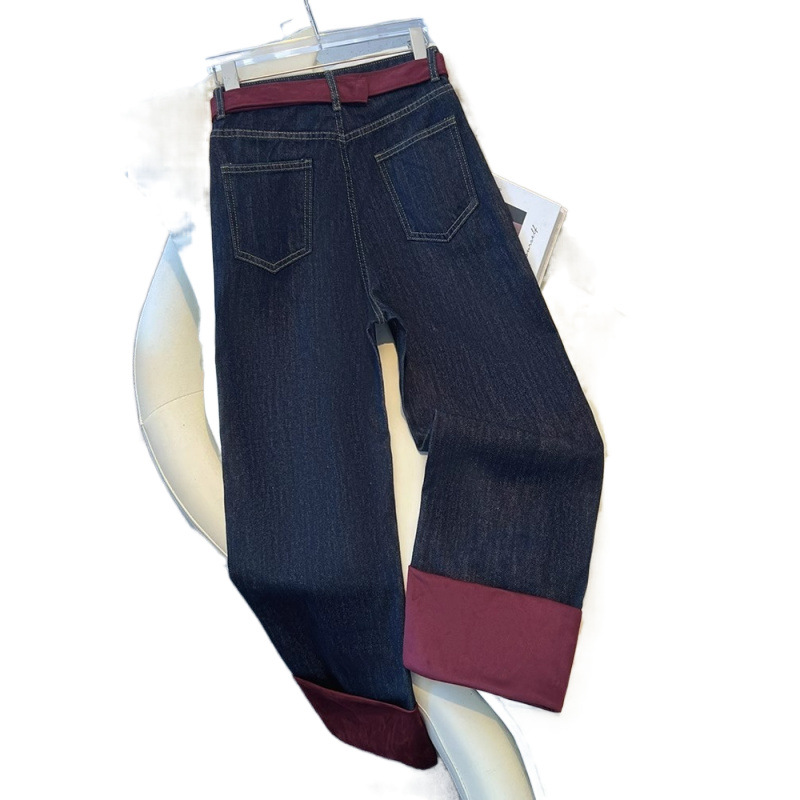 대조적 인 색상 스티칭 청바지 여성의 2024 년 겨울 새 플러스 사이즈 느슨한 직선 다리 바지 기모 높은 허리 슬리밍 넓은 다리 바지